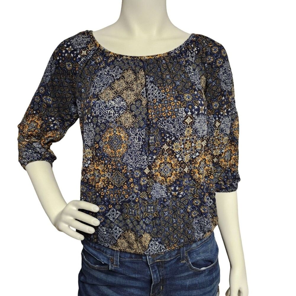 Michael Kors Padova Print Knit Peasant Blouse Navy Gold 3/4 Sleeve